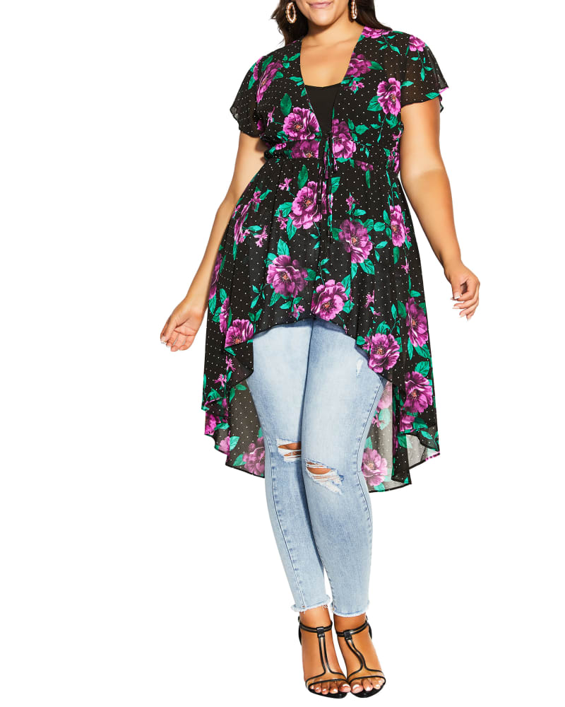 Front of a model wearing a size XXS Everly Tie Front Top in Black / Purple by City Chic. | dia_product_style_image_id:234335